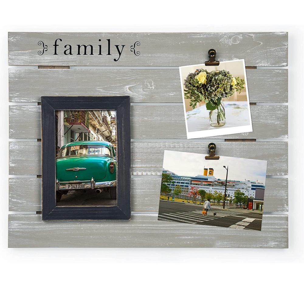 Collage Picture Photo Frame Display Board “Family” Made of Pine Wood. 4x6 -Grey
